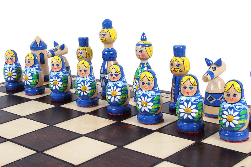 Zestaw szachów drewnianych Babuszka Blue w stylu rosyjskim, plansza 16,5"