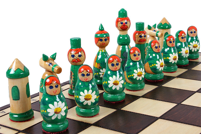 Szachy drewniane Babuszka w kolorze zielonym, wzór rosyjski, plansza 16,5"