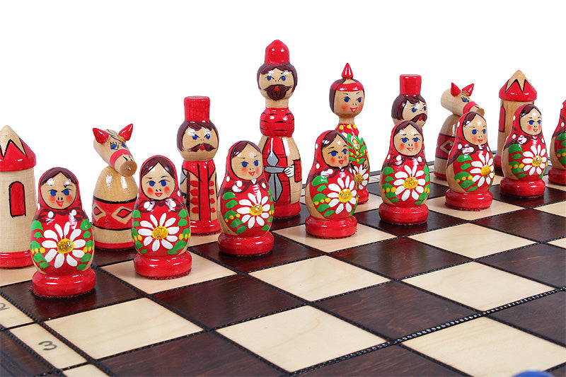 Szachy drewniane Babuszka w kolorze zielonym, wzór rosyjski, plansza 16,5"