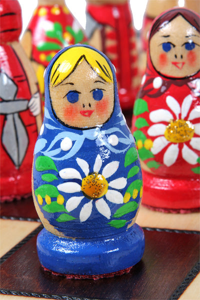 Zestaw szachów drewnianych Babuszka Blue w stylu rosyjskim, plansza 16,5"