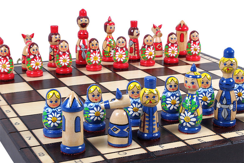 Zestaw szachów drewnianych Babuszka Blue w stylu rosyjskim, plansza 16,5"
