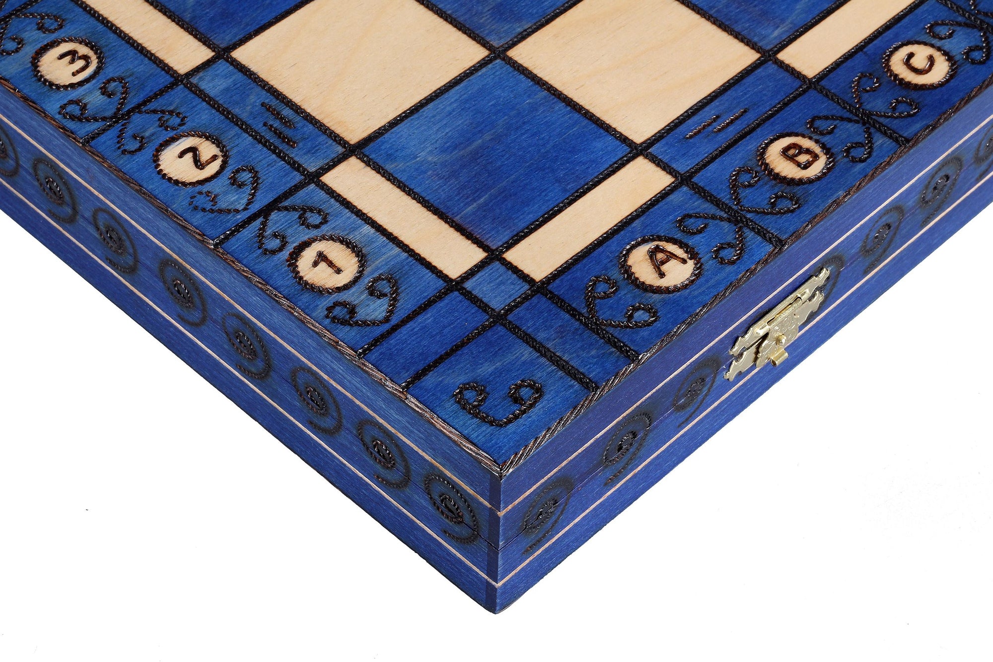 Zestaw szachów Ambasador Blue Deluxe z drewna z wypalaną intarsją – rozmiar nr 5,5