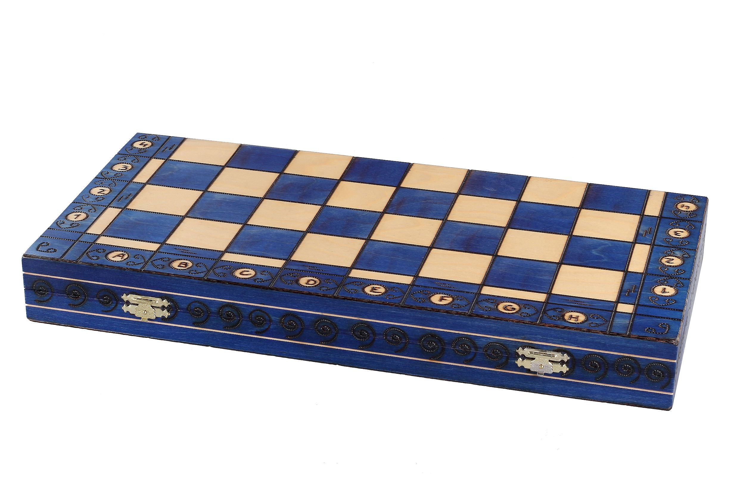 Zestaw szachów Ambasador Blue Deluxe z drewna z wypalaną intarsją – rozmiar nr 5,5